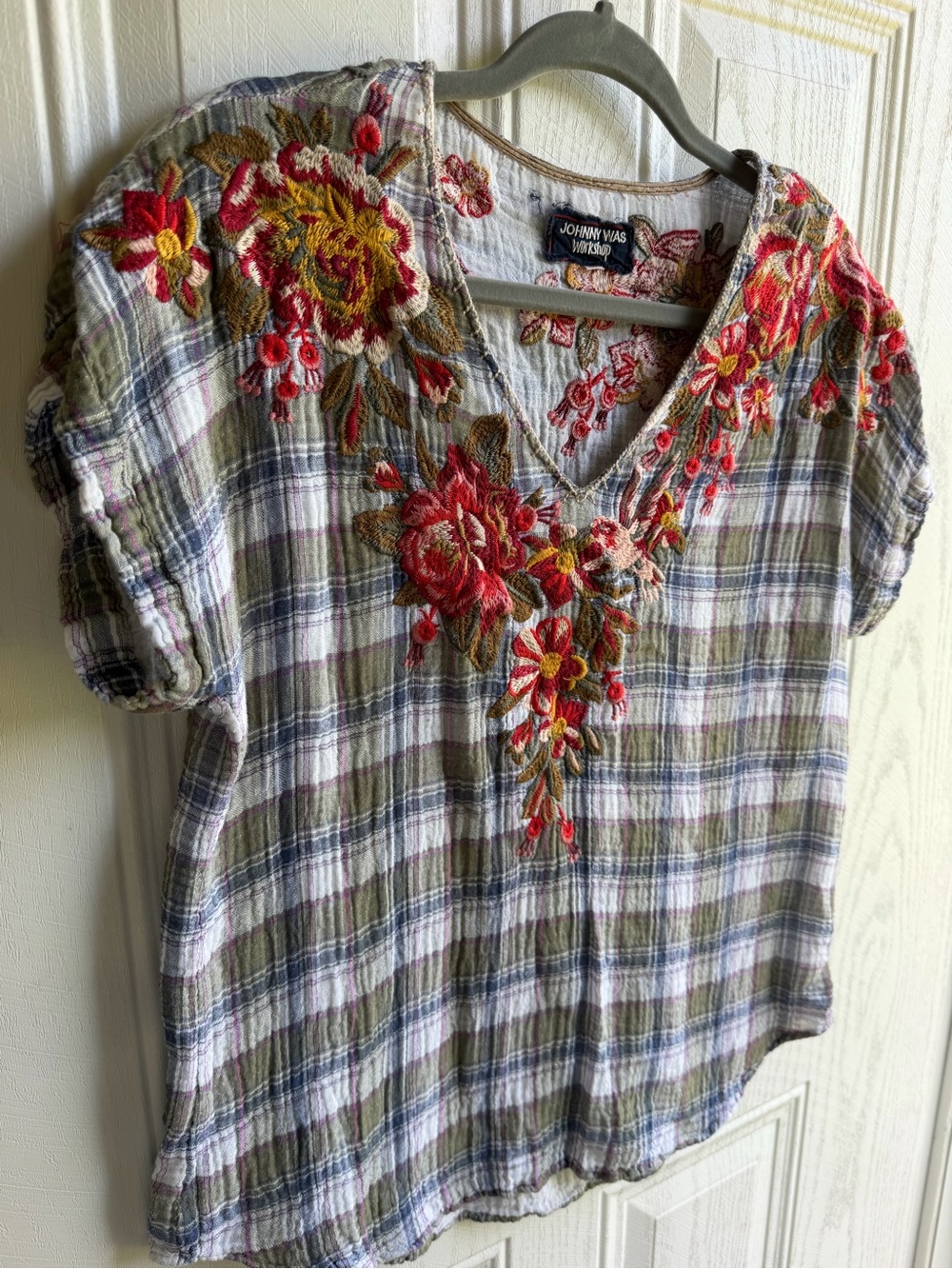 Johnny Was Workshop Embroidered Plaid Gauze Boho Bird Top Medium Floral - Picture 4 of 12